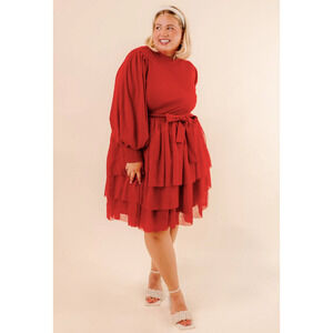 Ivy City Co Cosette Knit Long Balloon Sleeve Tiered Tulle Short Dress Red 4X